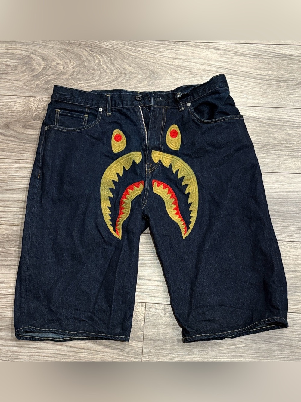 Bape Blue Denim Shark Shorts XXL - Gold & Red Embroidery RARE
